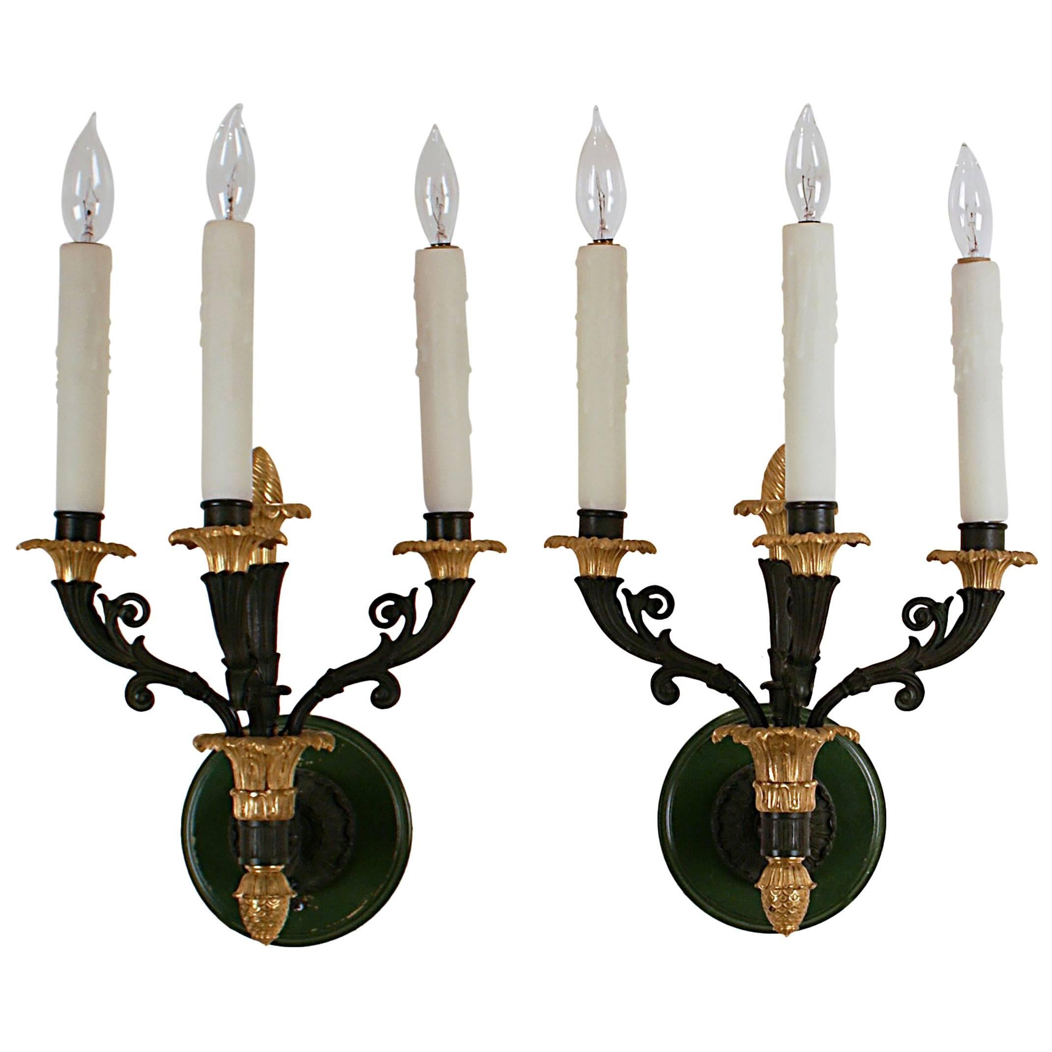 Pair of Bronze and Gilt Bronze Sconces French Empire Style, circa 1920