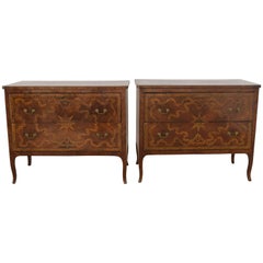Extraordinary Pair of Italian Walnut & Pearwood Marquetry Two-Drawer Commodes 4
