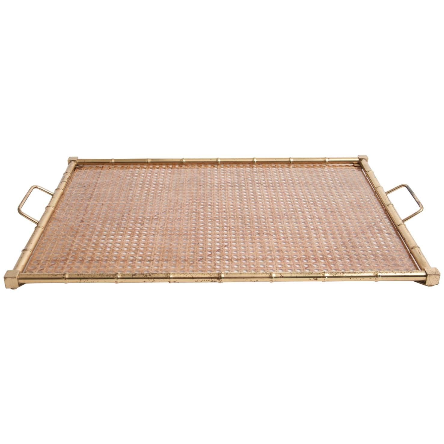Large Mid-Century Christian Dior Style Brass, Lucite and Rattan Serving Tray