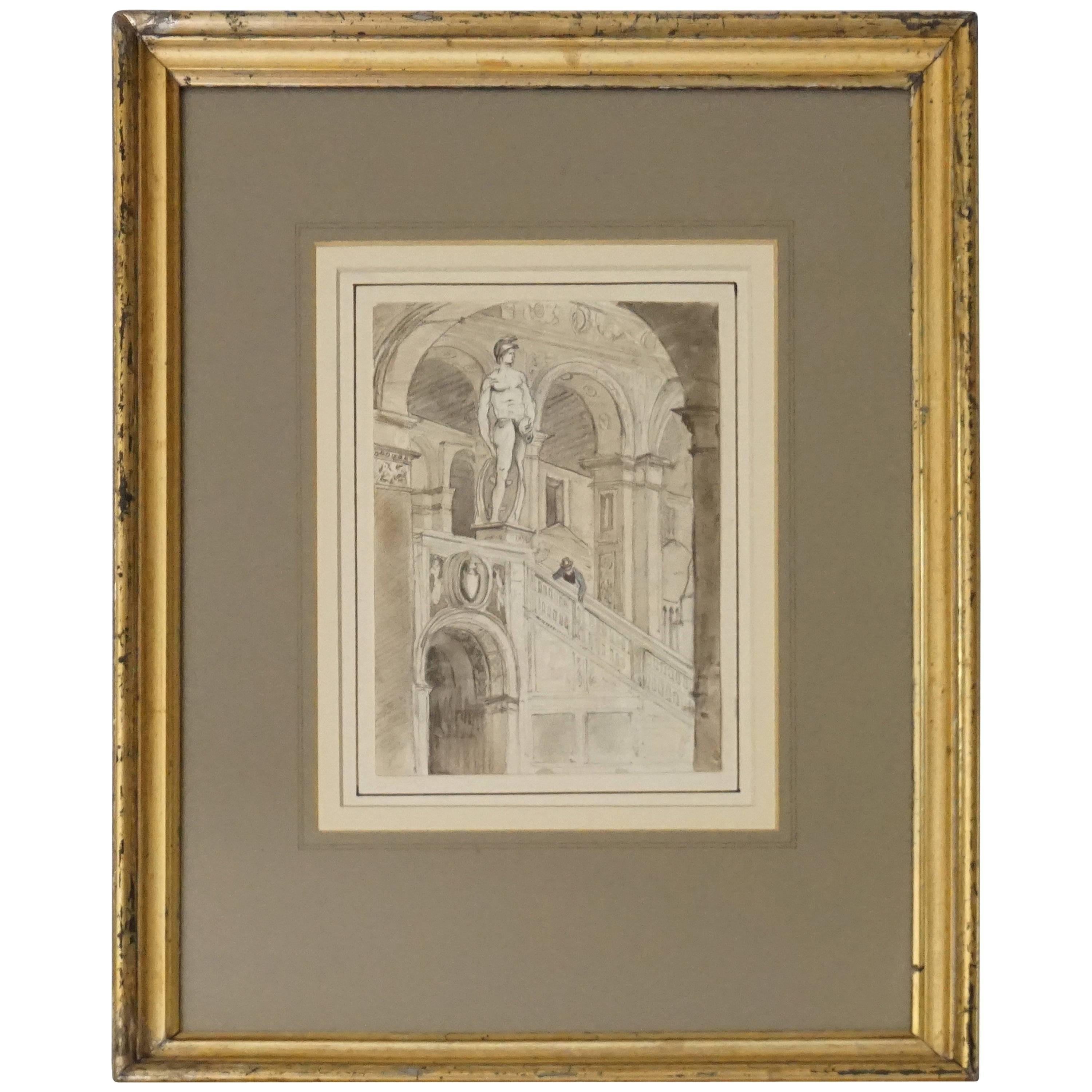 Grand Tour Charcoal and Watercolor Architectural Drawing, circa 1800 For Sale