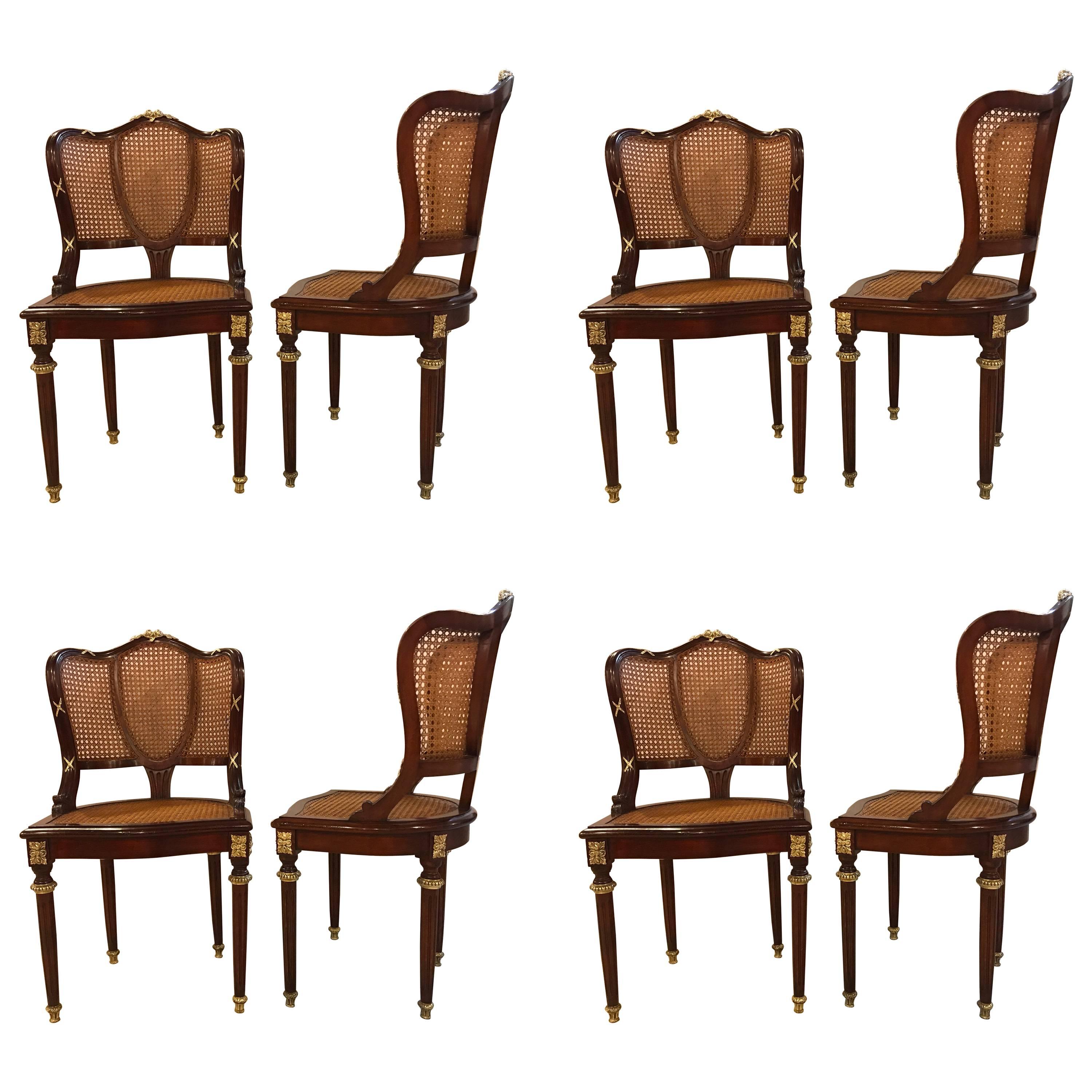 Set of Eight Fine Bronze-Mounted Louis XVI Style Dining Chairs Manner of Jansen