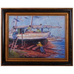Vintage Impressionist Oil Painting of a Harbor Scene