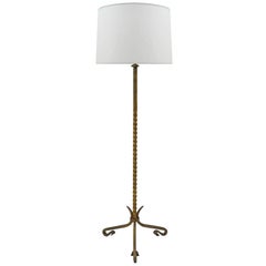 French Mid-Century Twisted Gilt Iron Floor Lamp on Tripod Base