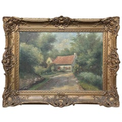 Antique Framed Pastoral Oil Painting on Canvas
