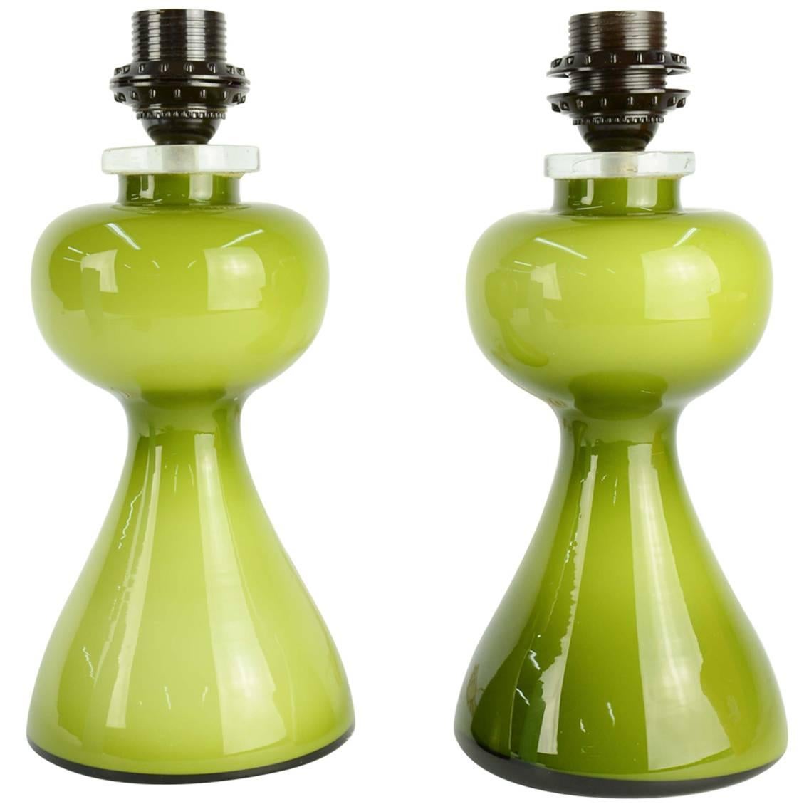 Striking Pair of Swedish Green Glass Lamps Per-Olof Strom for Alsterfors For Sale