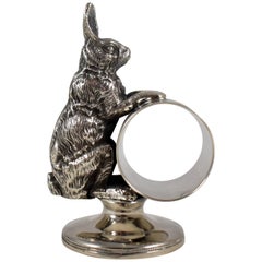 Antique Silver Victorian Era Aesthetic Movement Figural Napkin Ring, Upright Rabbit