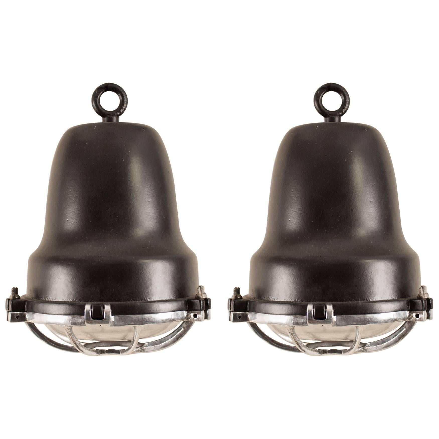 Pair of Aluminum and Black Painted Nautical Pendant Lights For Sale