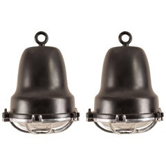 Retro Pair of Aluminum and Black Painted Nautical Pendant Lights