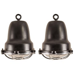 Pair of Aluminum and Black Nautical or Industrial Pendant Lights 11