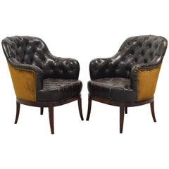 Pair of Spanish Neoclassical Style Tufted Leather & Velvet Upholstered Bergères