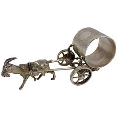 Antique Silver Victorian Era Aesthetic Movement Figural Napkin Ring, Goat Pulling a Cart