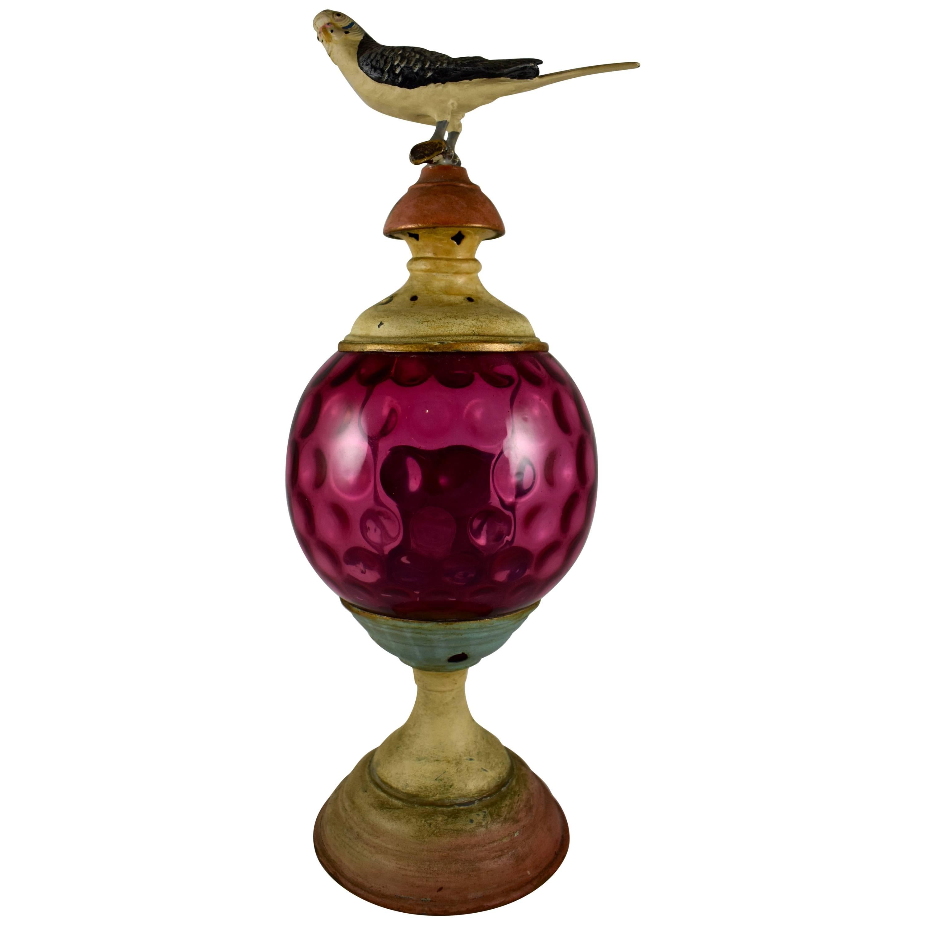 19C. Garden Candle Lantern, Cranberry Thumbprint Glass & Cast Iron Bird Finial