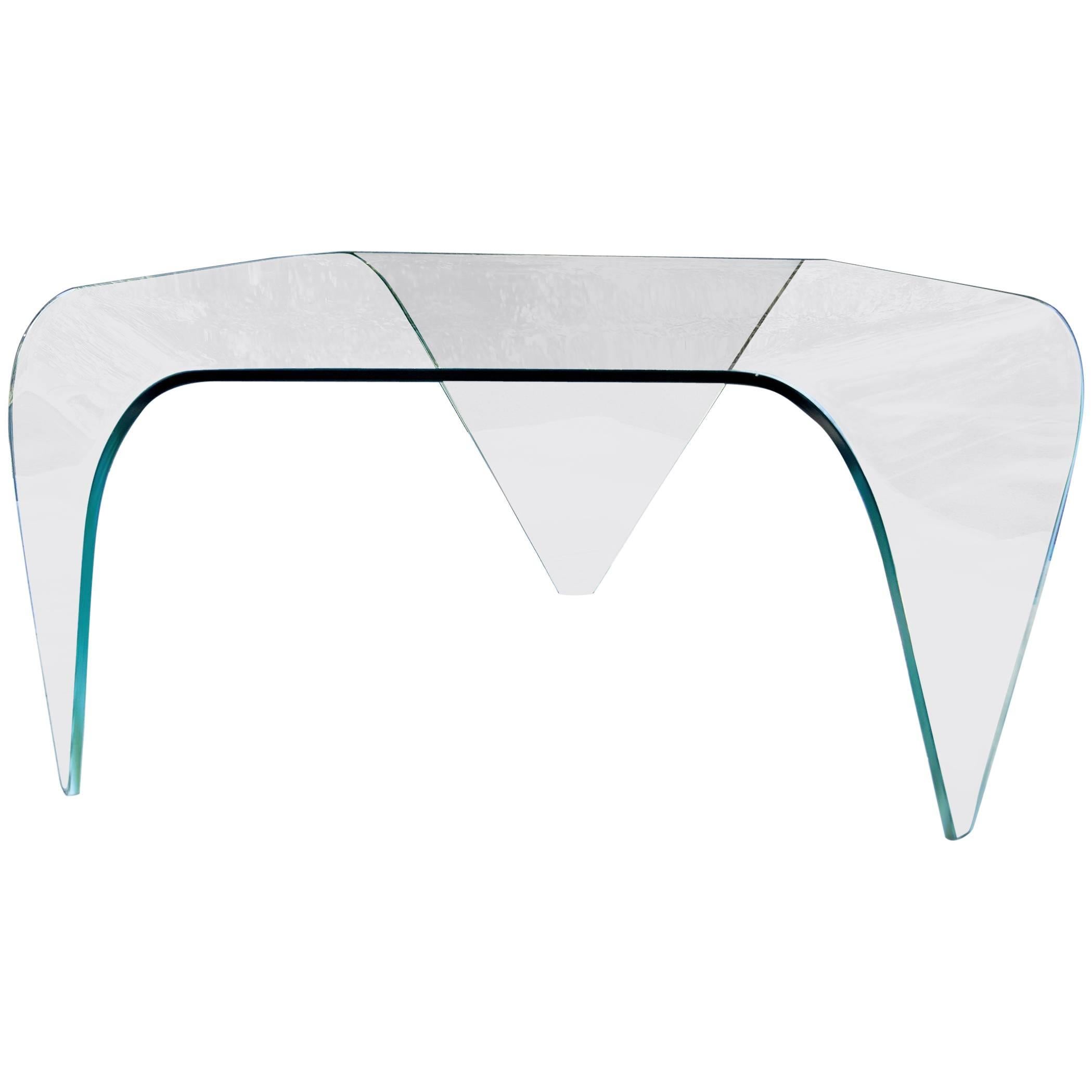 Mid-Century Modern Triangular Three-Legged Slumped Glass Coffee Table For Sale