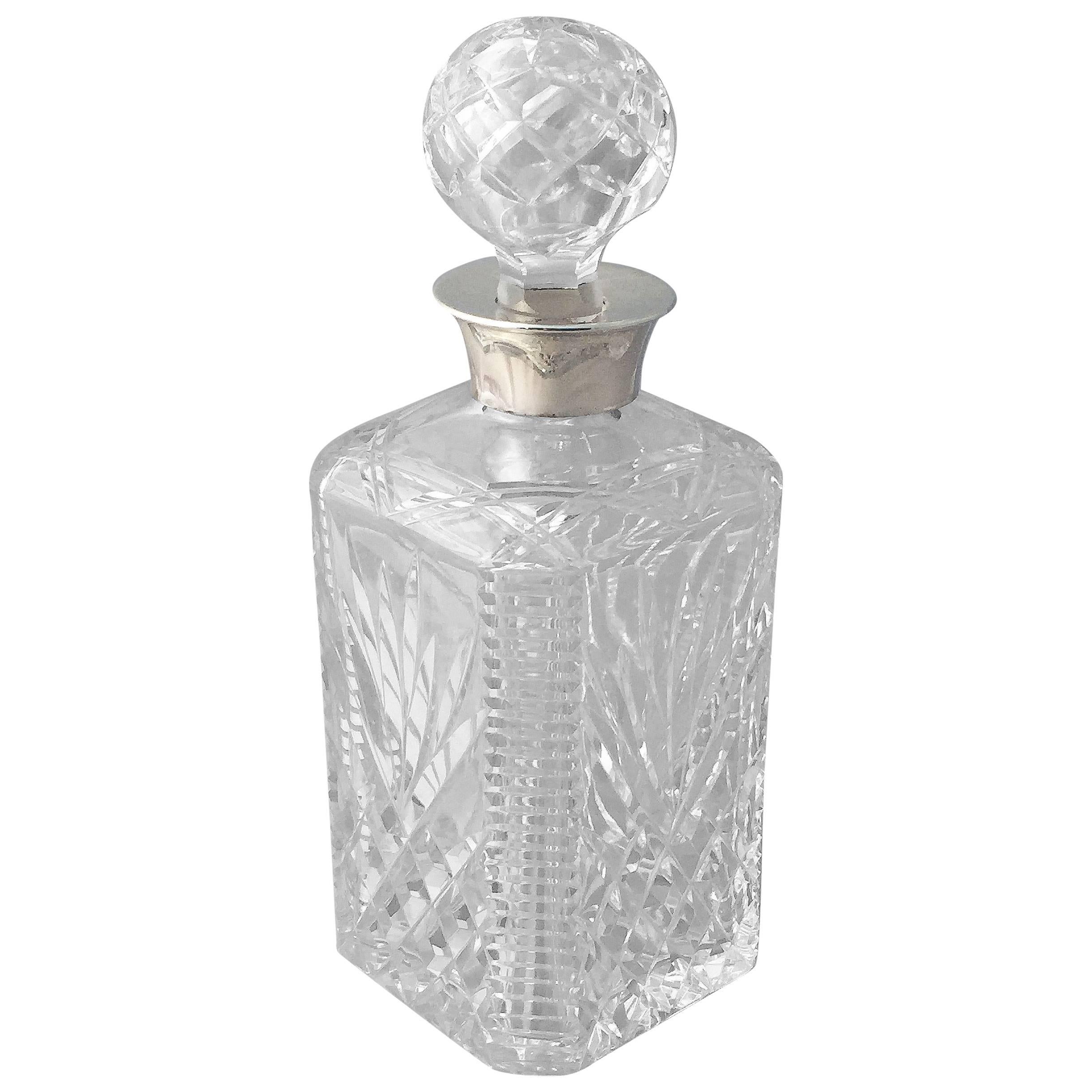 English Cut Crystal Spirits or Whiskey Decanter with Sterling Silver Collar