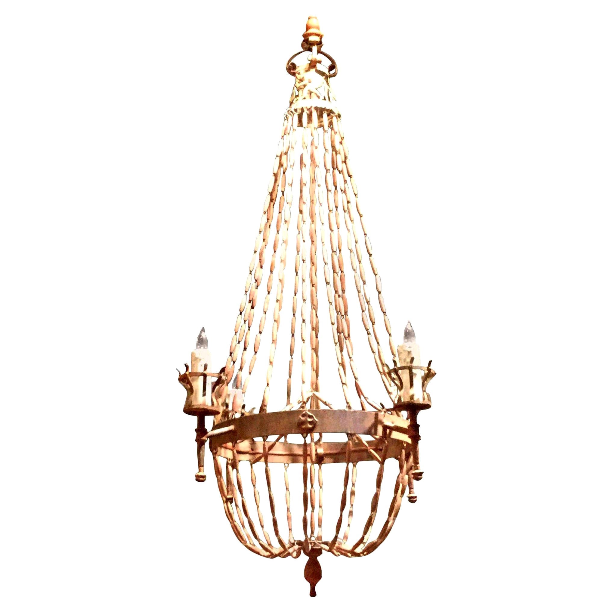 Antique Italian Wooden Beaded Four-Light Chandelier