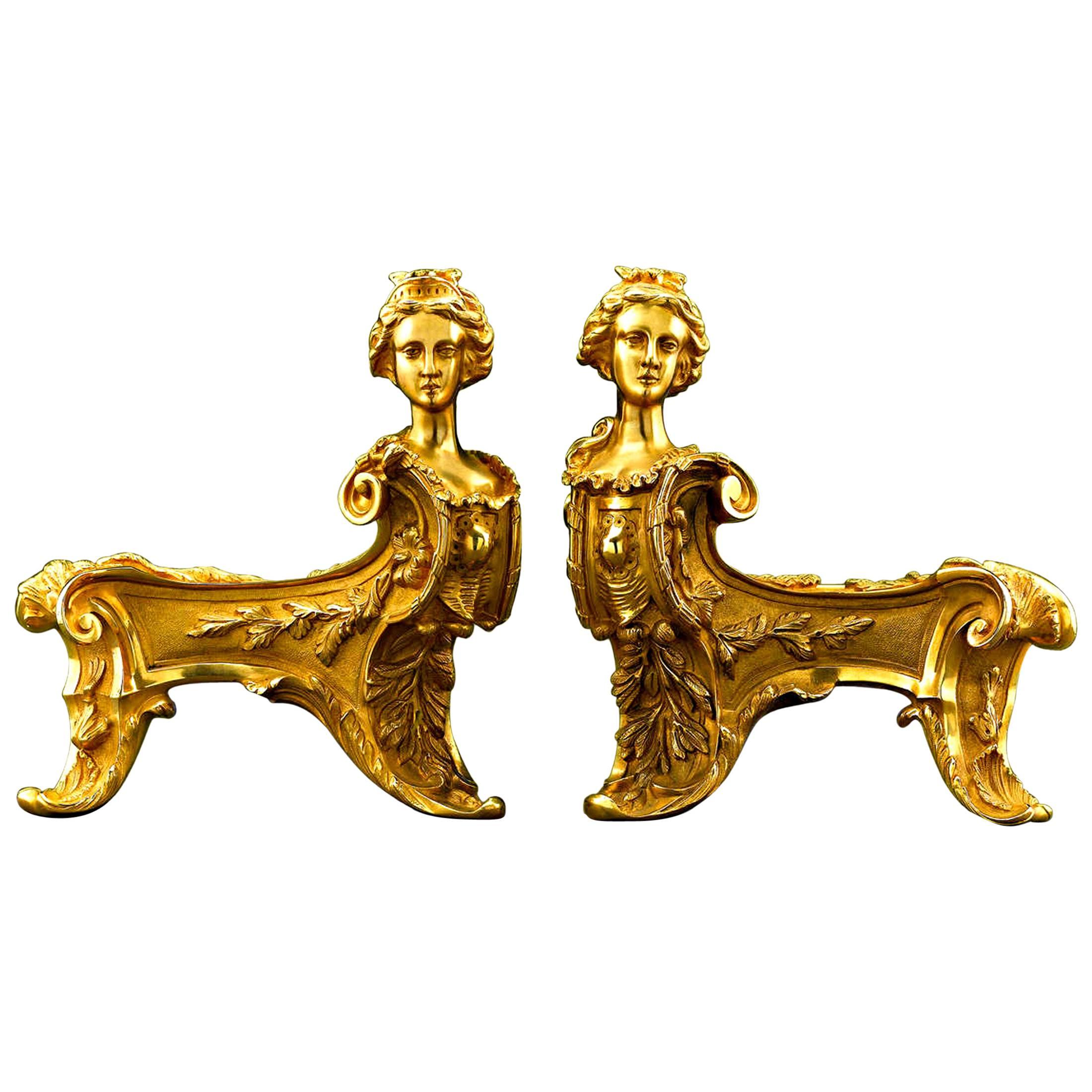 Pair of Bronze Rococo Chenets For Sale
