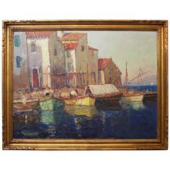 French Painting Representing a Mediterranean Port by V. Manago