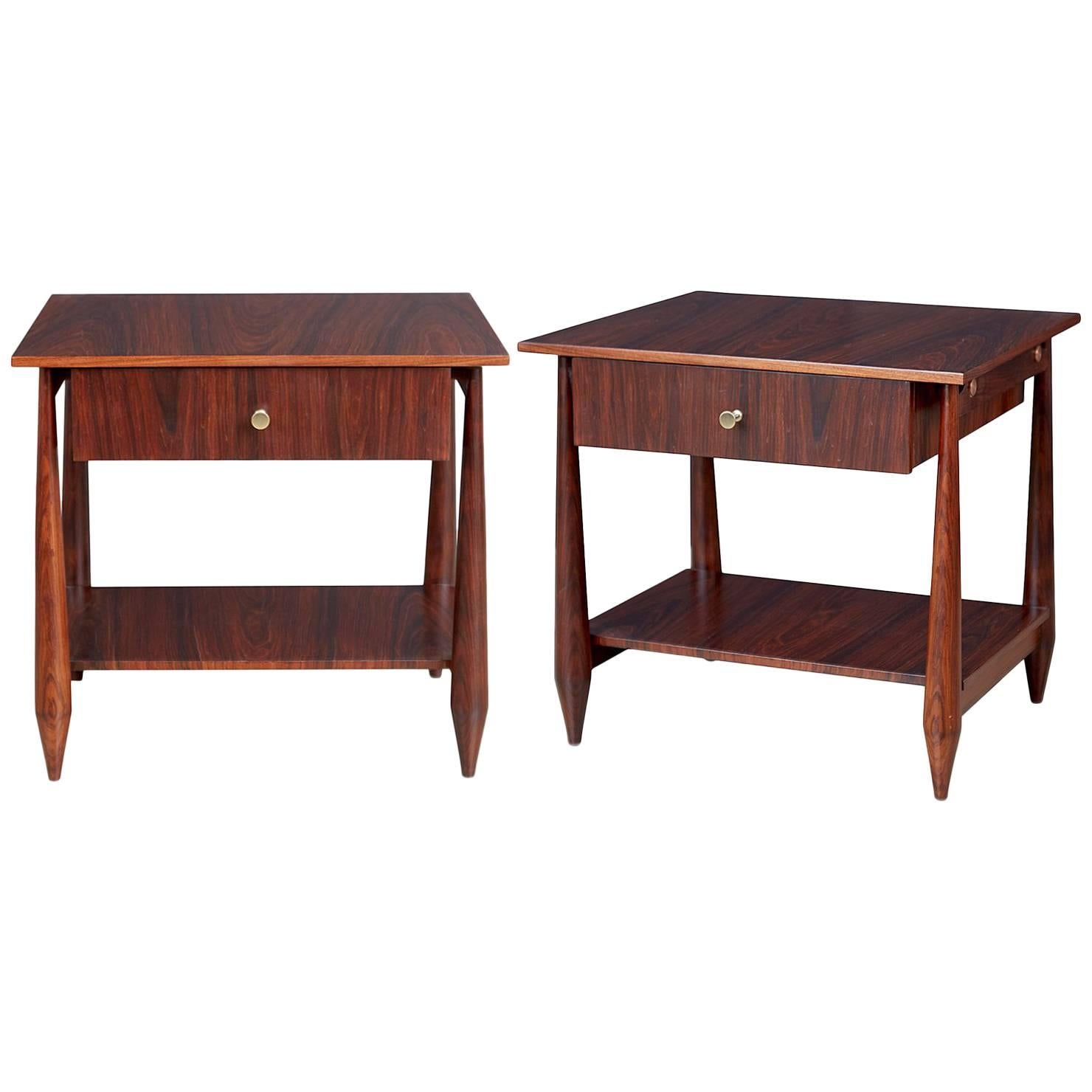 Floating Drawer Nightstands with Sculptural Legs in Brazilian Rosewood, Pair