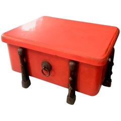 Brilliant Orange Japanese Lacquer Box with Wood and Brass Detailing