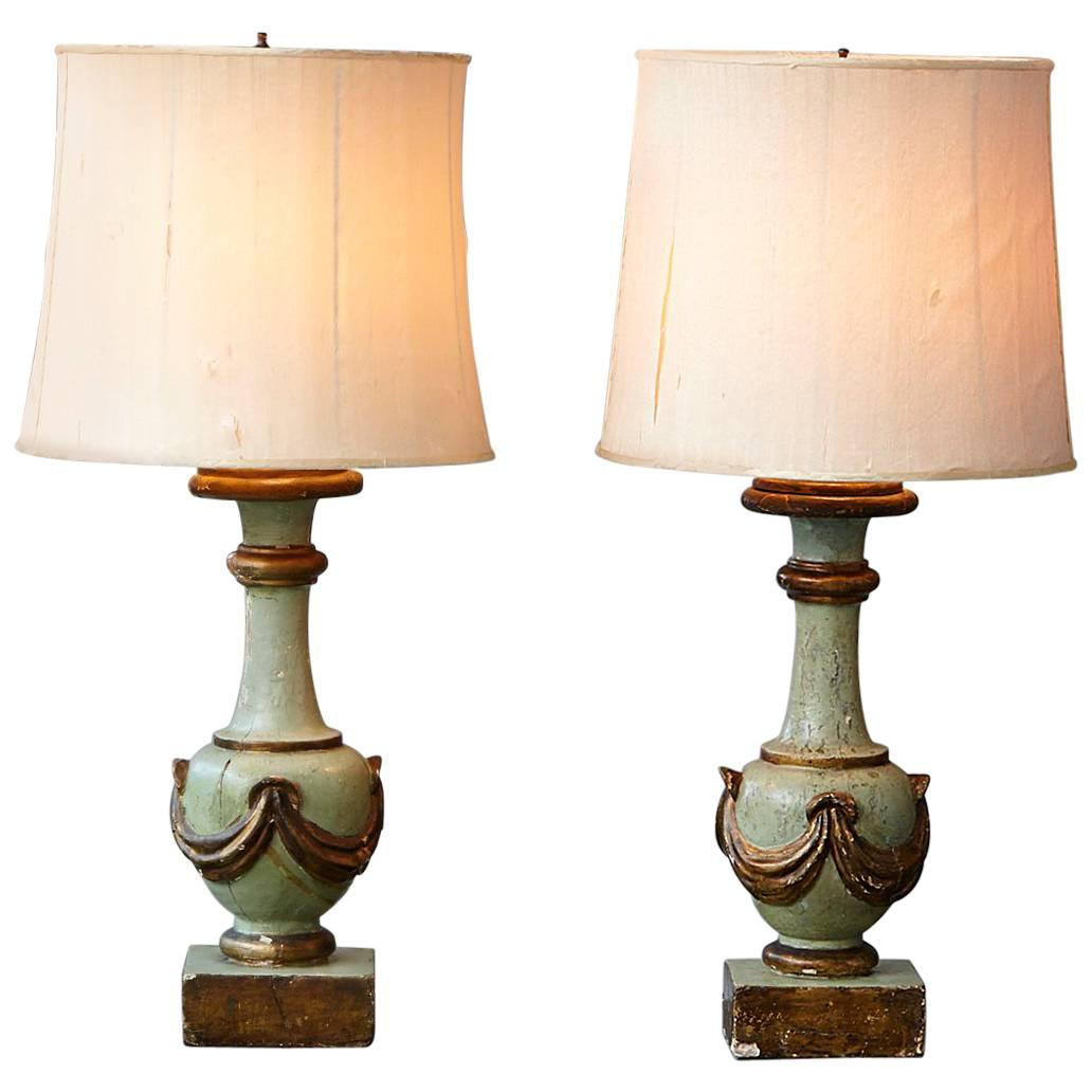 Pair of Antique Italian Hand-Painted Wood Vasiform Table Lamps For Sale