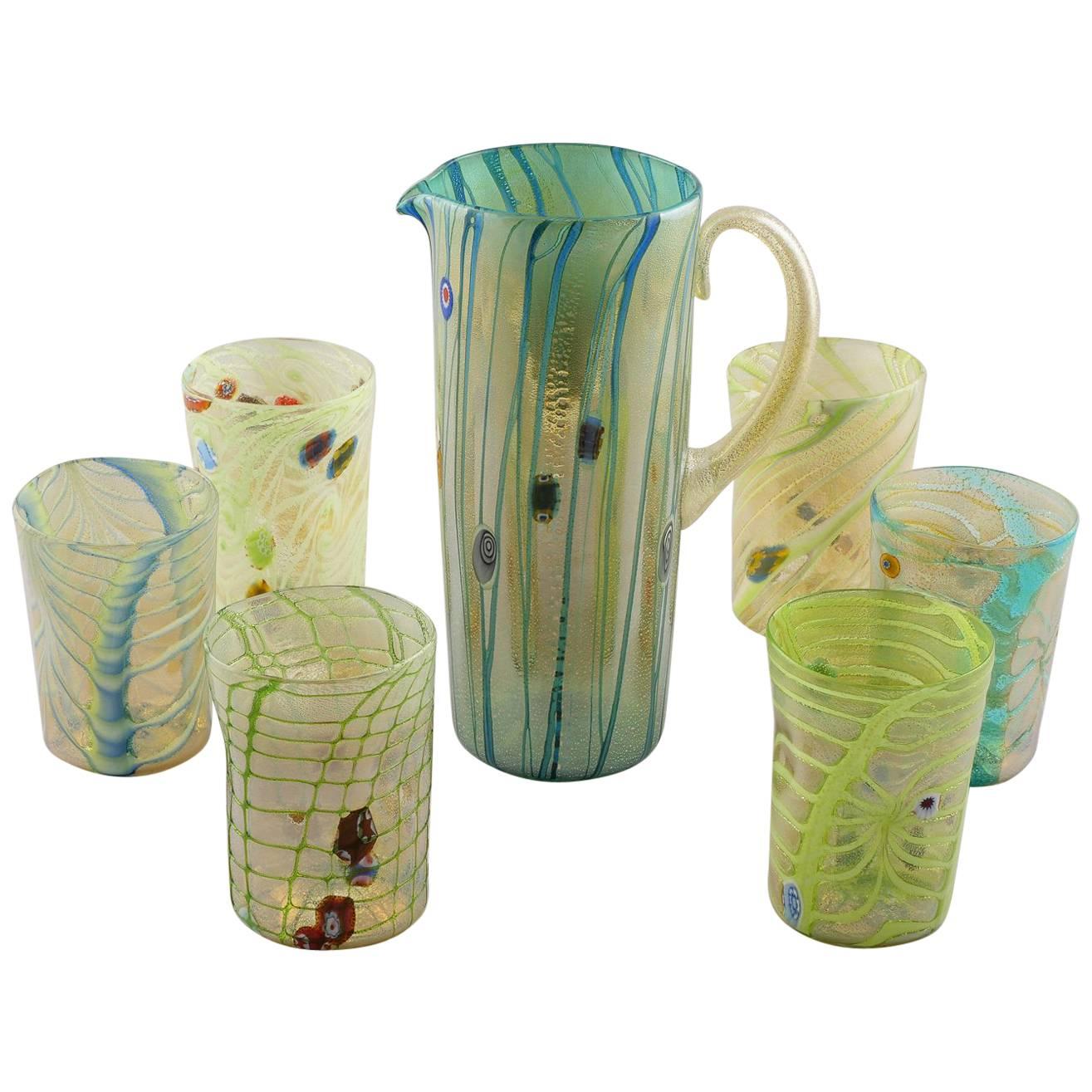 Set Green Yellow Murano Glass Pitcher with Six Tumblers