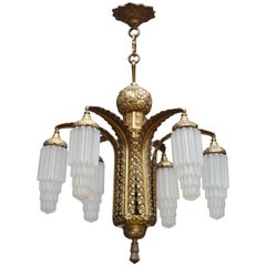 Very Fine Art Deco Bronze and Glass Six-Light Chandelier