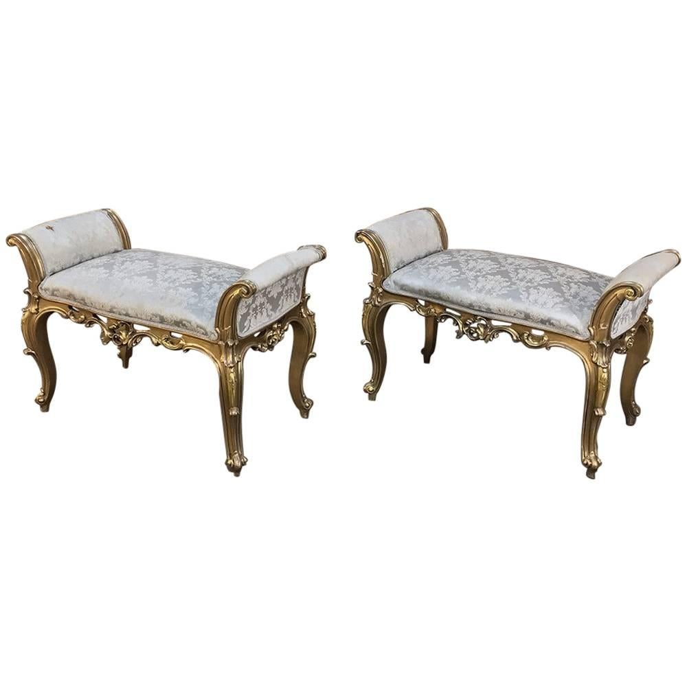 Pair of Antique Italian Baroque Giltwood Arm Benches