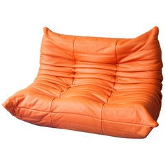 Orange Leather Two-Seat Togo Sofa by Michel Ducaroy for Ligne Roset