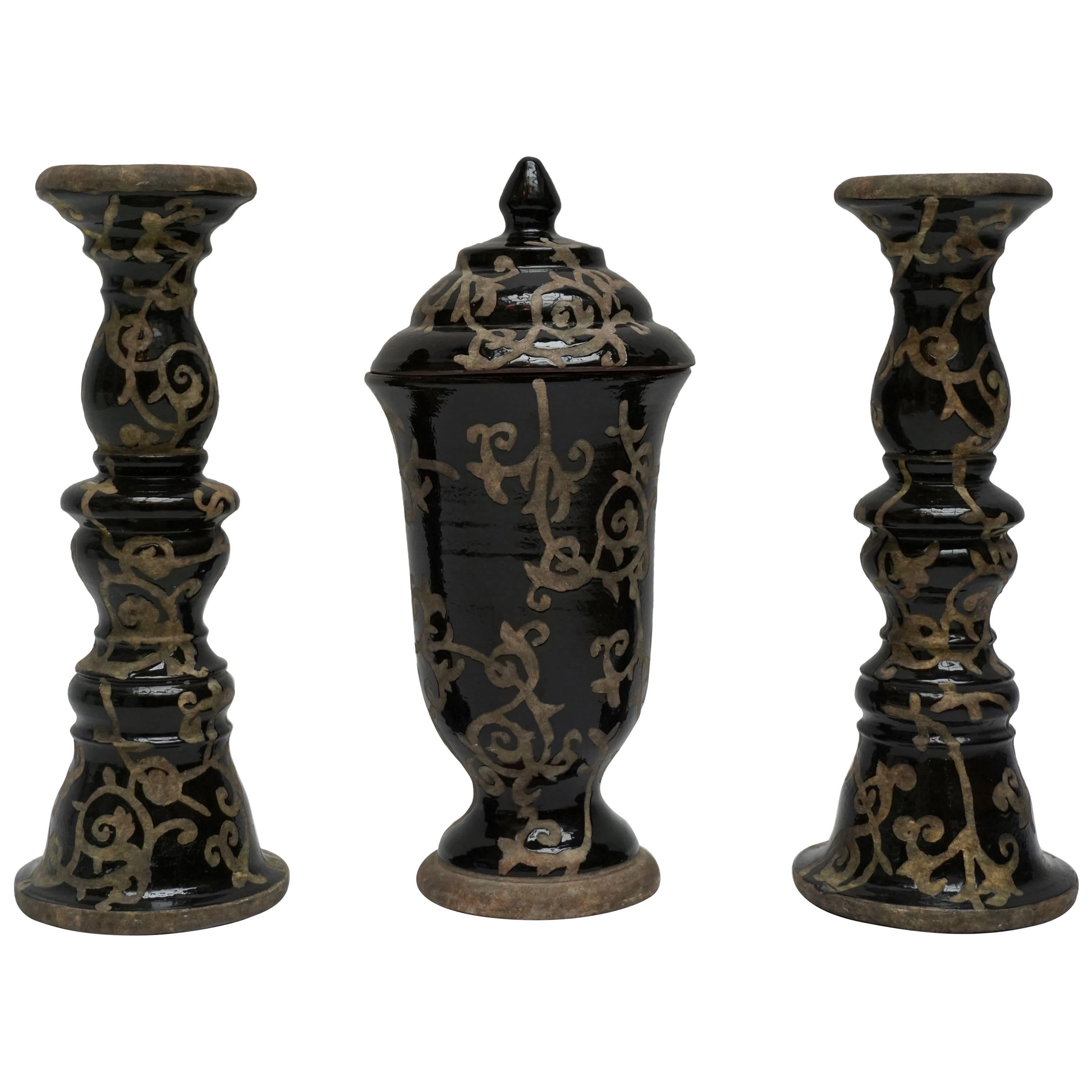Set of Two Candlesticks and a Vase