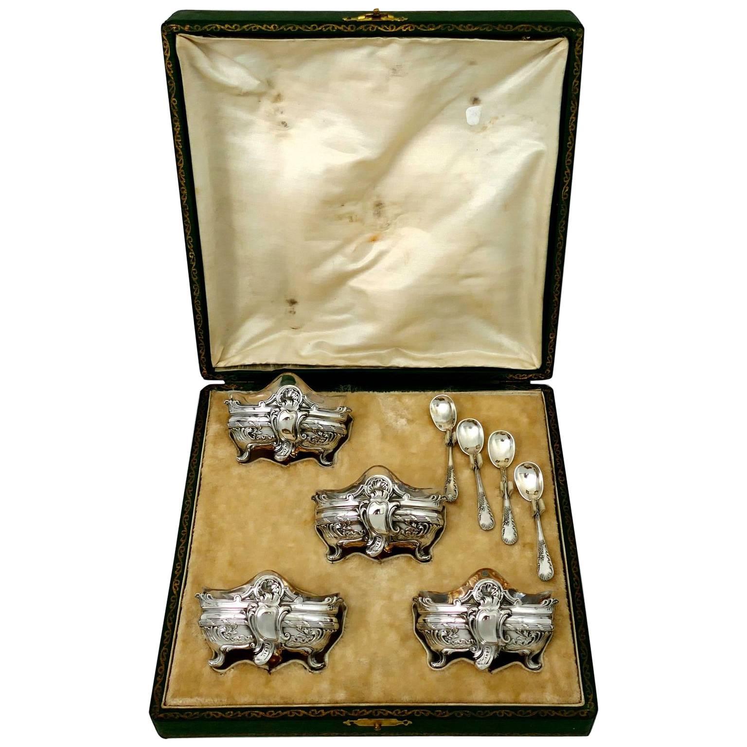 Barrier French Sterling Silver 18-Karat Gold Four Salt Cellars, Spoons, Box For Sale