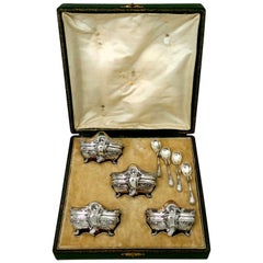 Antique Barrier French Sterling Silver 18-Karat Gold Four Salt Cellars, Spoons, Box