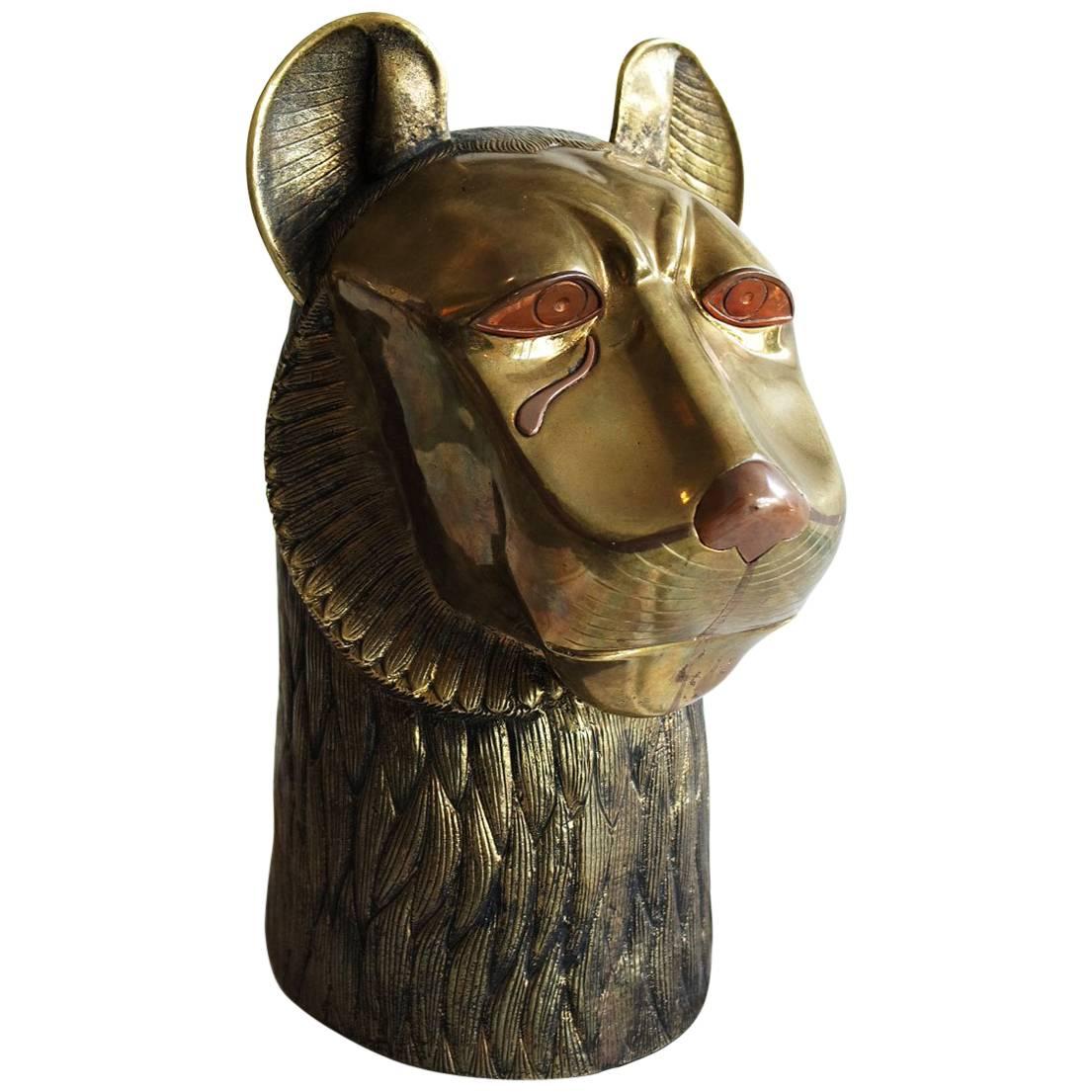 Vintage Brass Lion Head Sculpture in the Style of Chapman For Sale