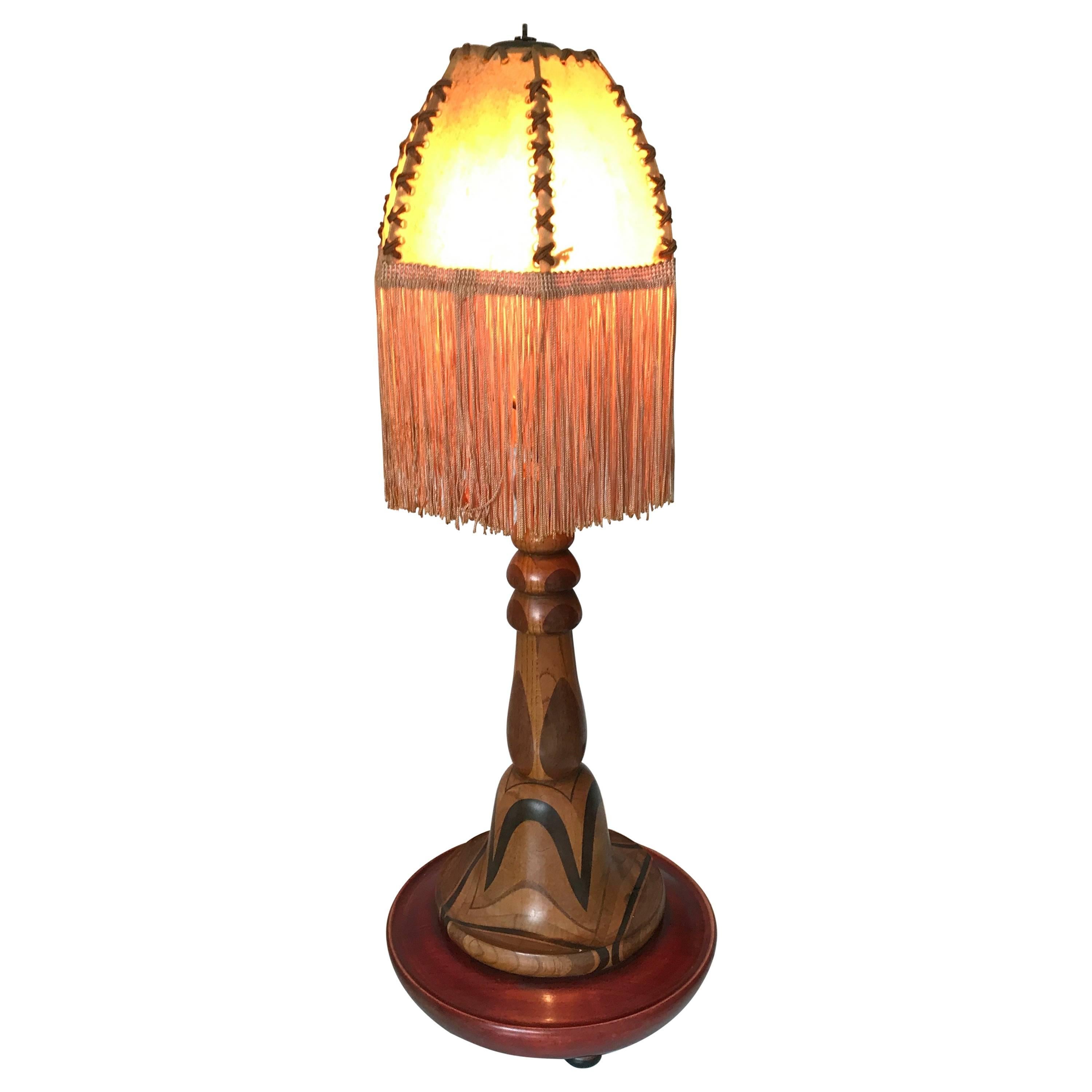 Rare and Hand-Crafted Art Deco Desk or Table Lamp with Stunning Wood Motifs For Sale