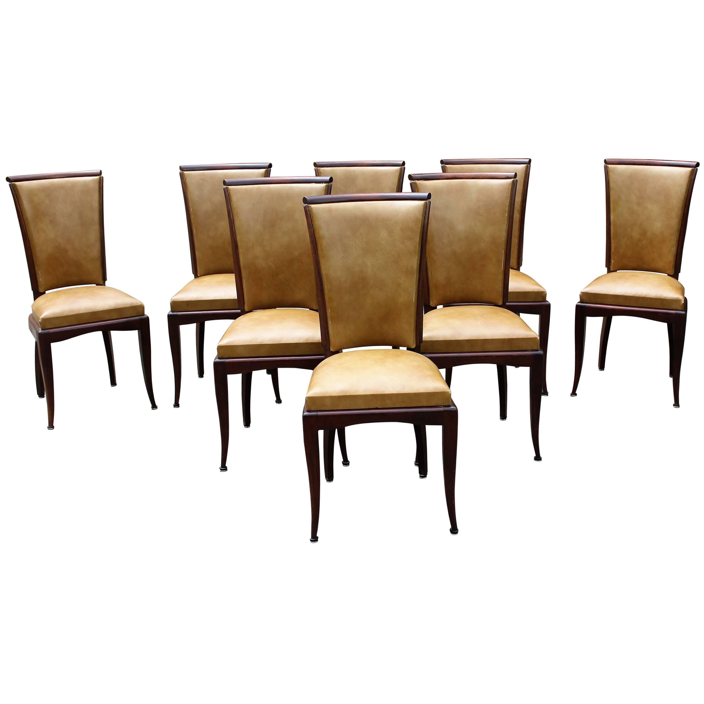 Set of Eight French Art Deco Jules Leleu Style Mahogany Dining Chairs