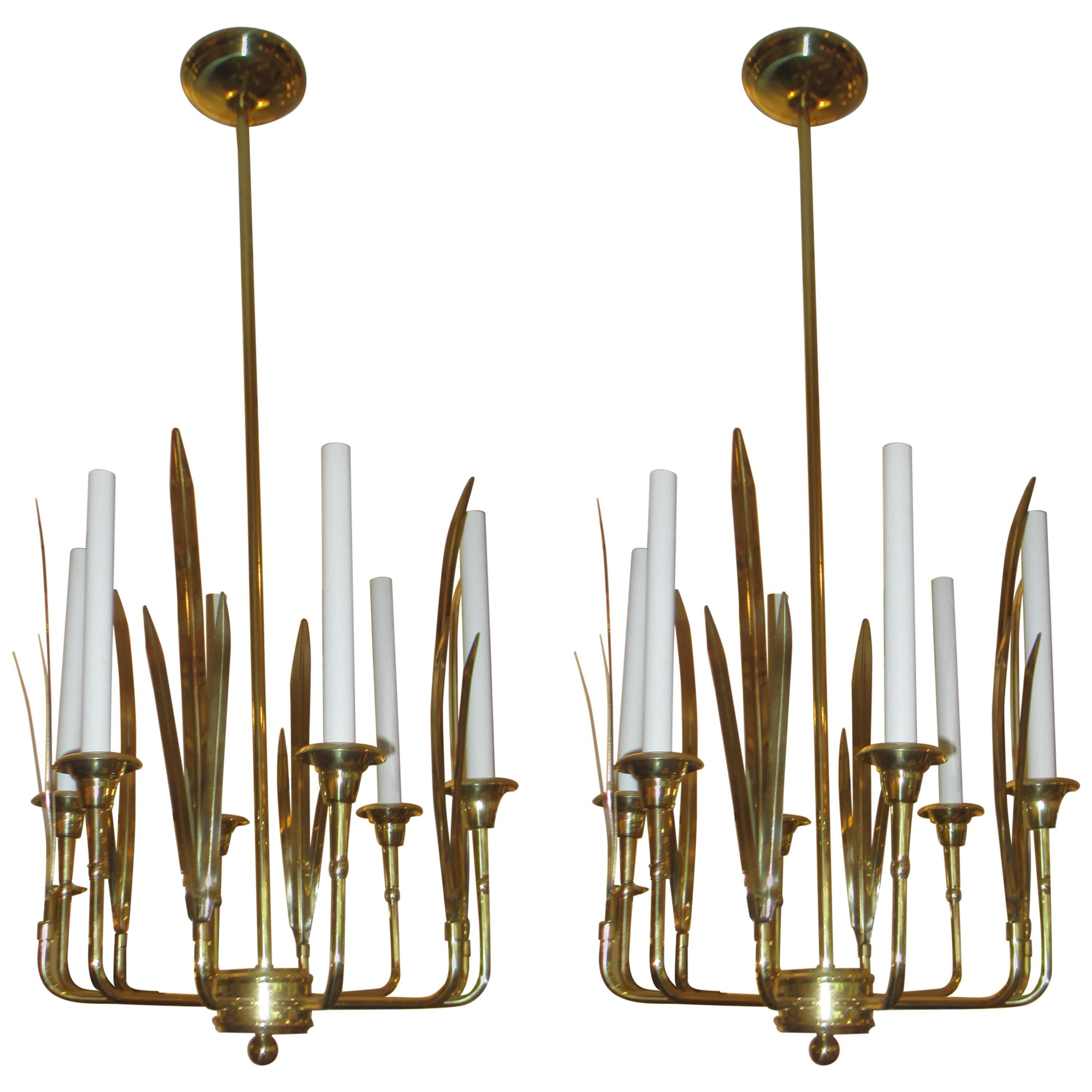 Pair of Six-Arm Modernist Brass Fixtures