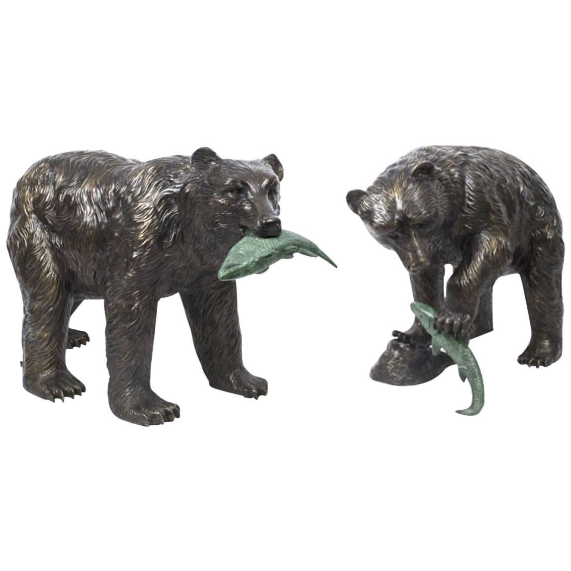 Pair of Wild Bears Fishing Salmon Bronze Sculptures