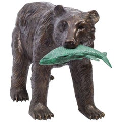 bear with fish in mouth statue Wild Bear Catching Fish Bronze Sculpture
