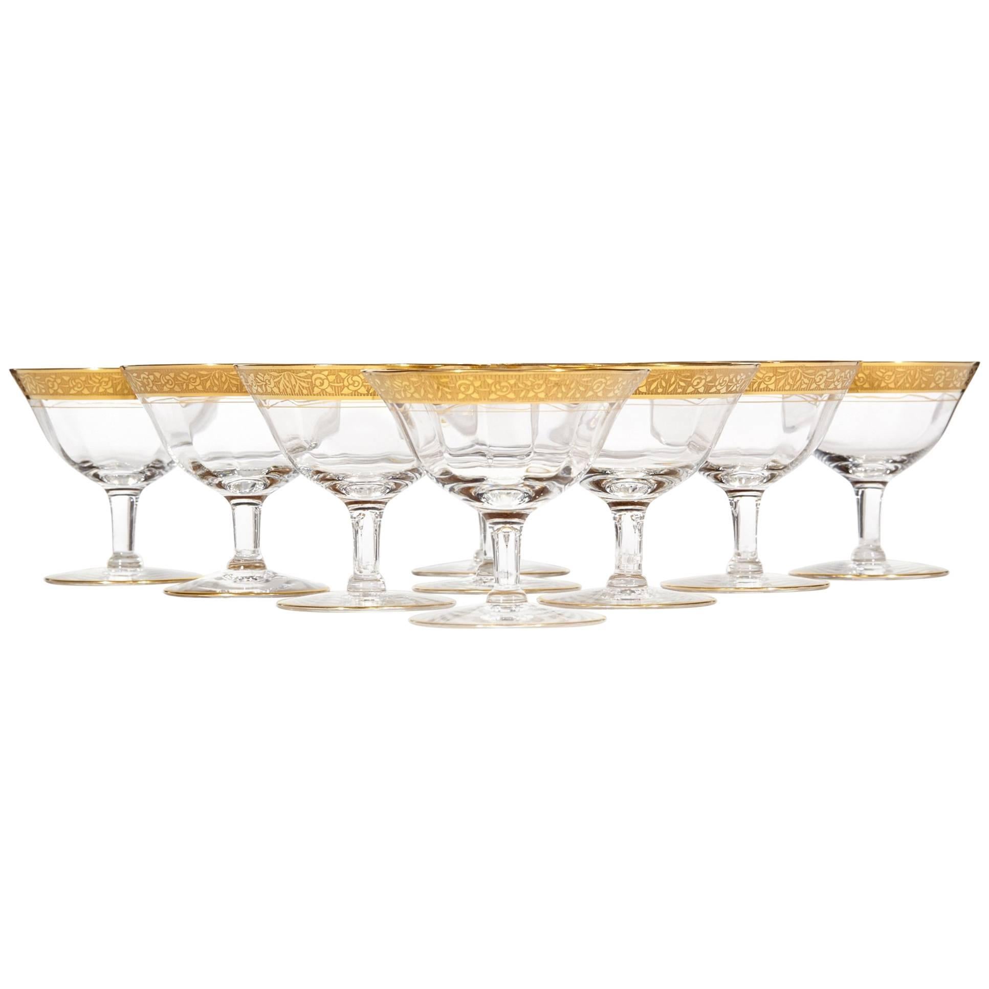 Set of Nine Art Deco Tiffin Glass Floral Gold Rim Short Coupe Stems For Sale