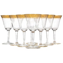 Art Deco Tiffin Glass Floral Gold Rim Wine Stems, Set of Nine 10