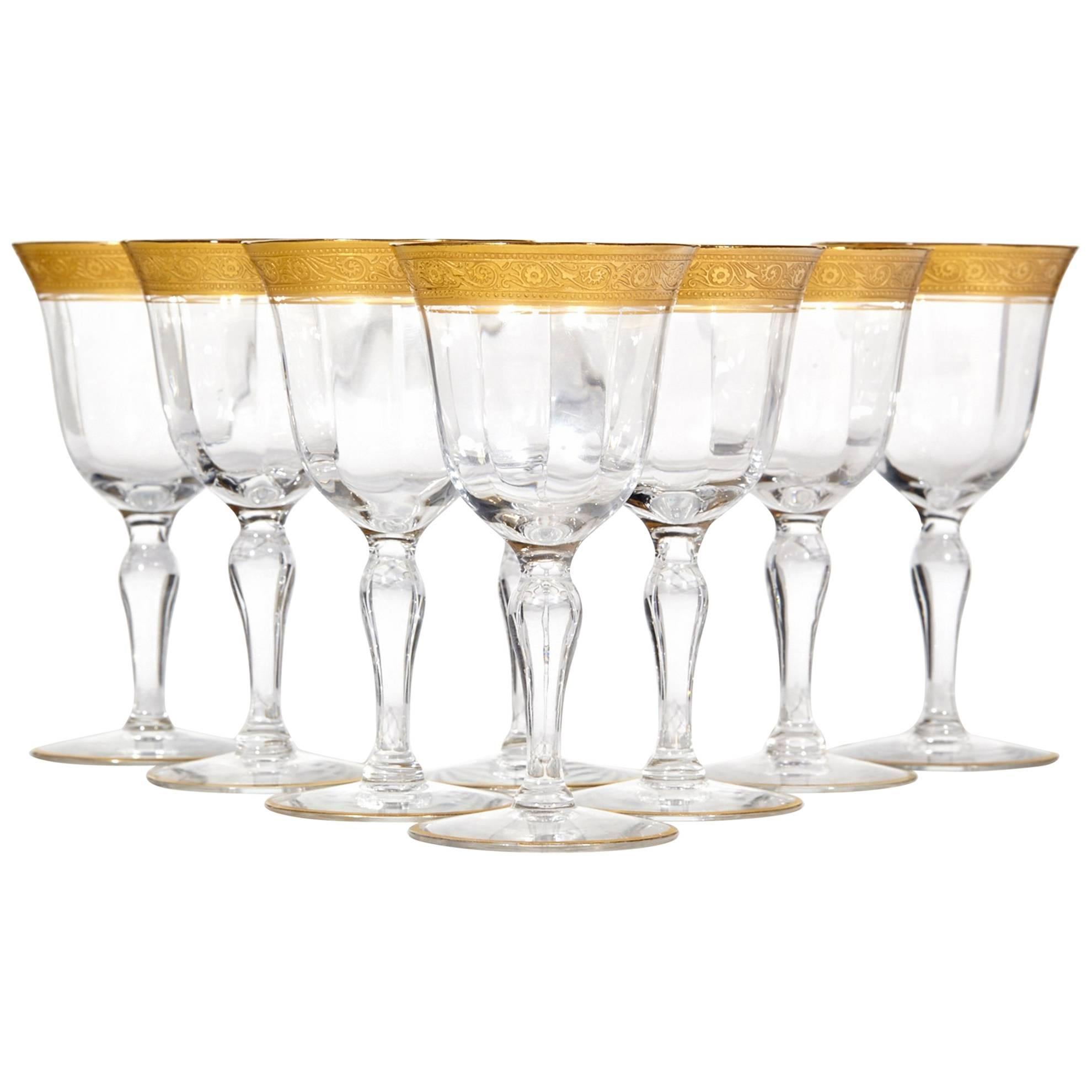 Art Deco Tiffin Glass Floral Gold Rim Wine Stems, Set of Eight