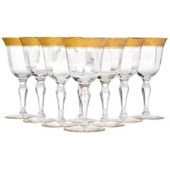 Art Deco Tiffin Glass Floral Gold Rim Wine Stems, Set of Eight