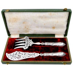 Antique Ernie French Sterling Silver Fish Server Set of Two Pieces with Original Box