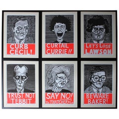 Humorous Group of Six Framed English Political Satire Woodblock Print Posters