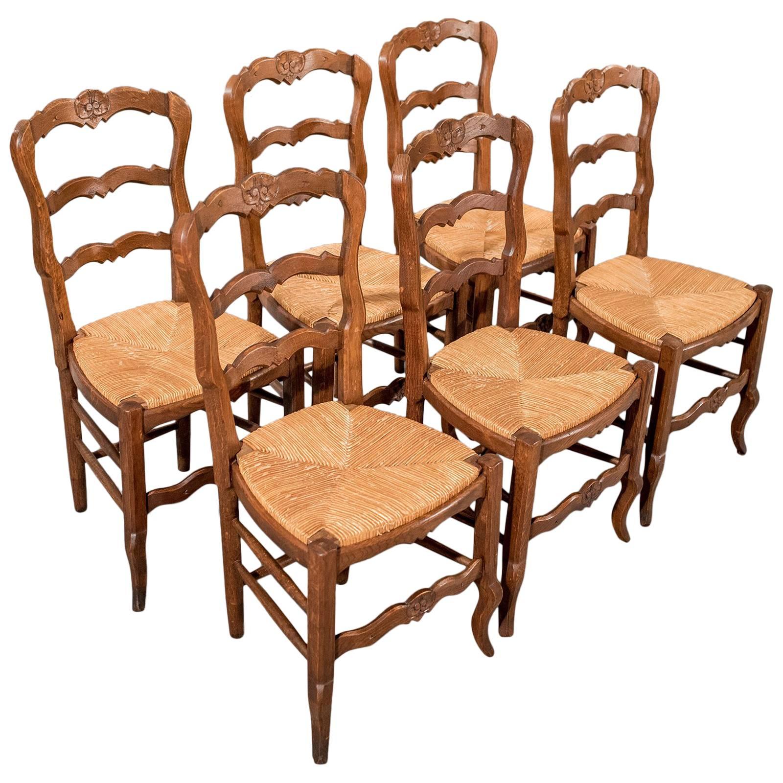 French Oak Country Kitchen Dining Chairs Set of Six Rush Seats, circa 1900