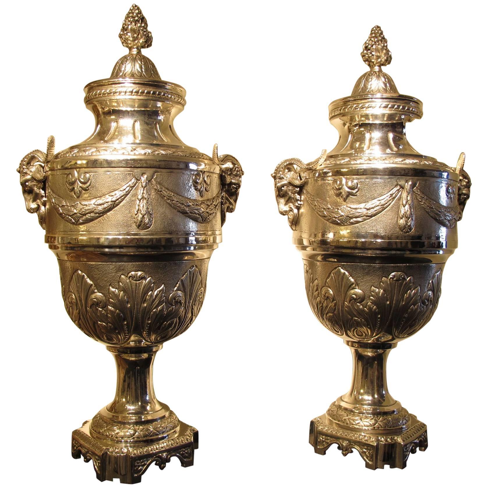 Pair of Large Silver Plated Urns For Sale