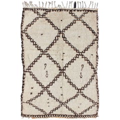 Retro White Background Mid-Century Moroccan Azilal Rug with Brown Diamond Design