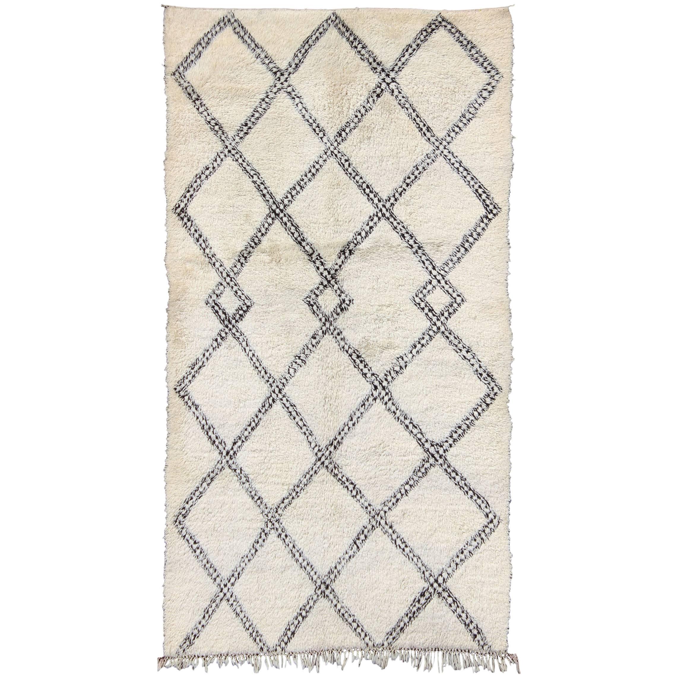 Large White Background Vintage Beni Ourain Moroccan Rug with Charcoal Diamonds