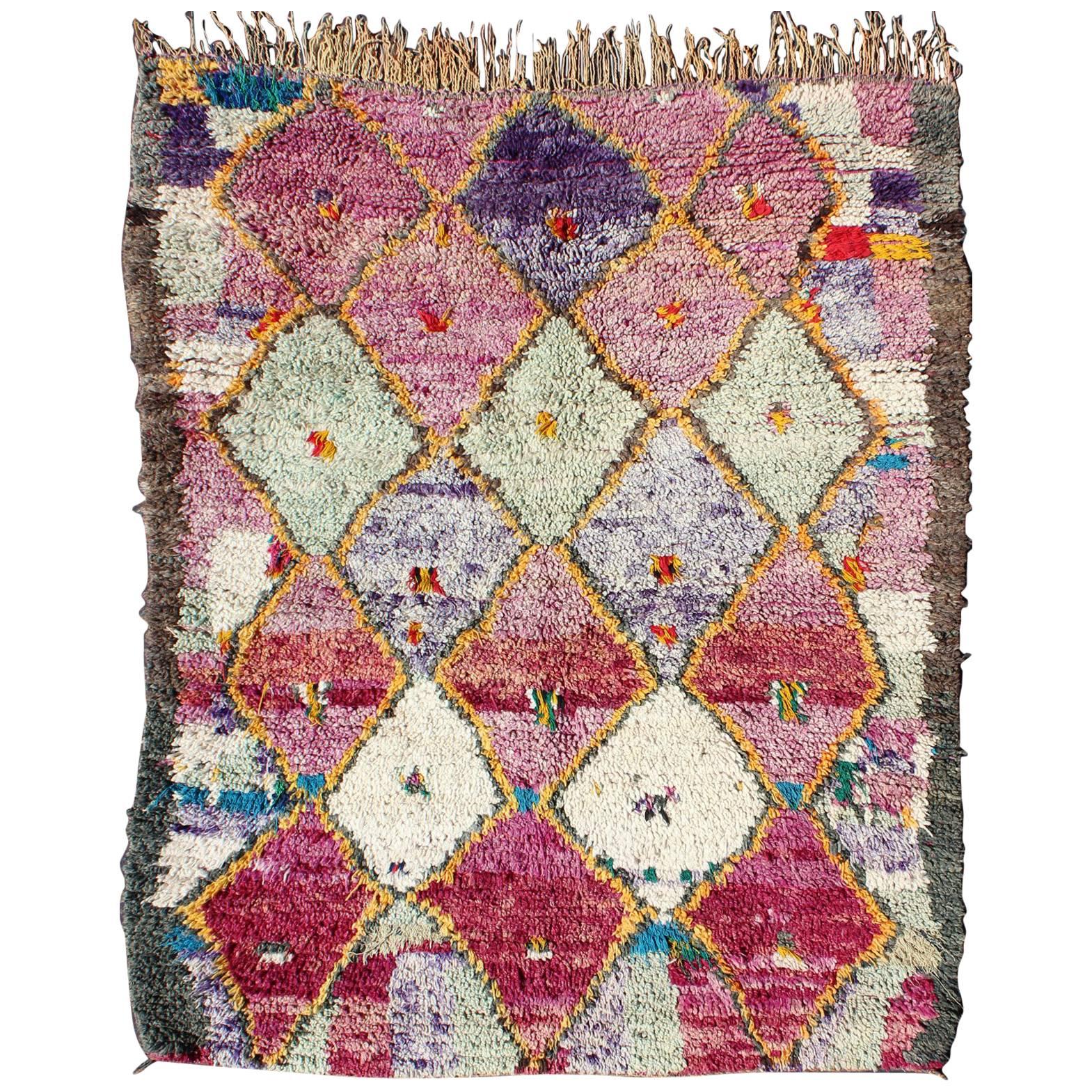 Colorful Vintage Moroccan Rug with Pink, Yellow, Turquoise, Ivory, Gray Diamonds