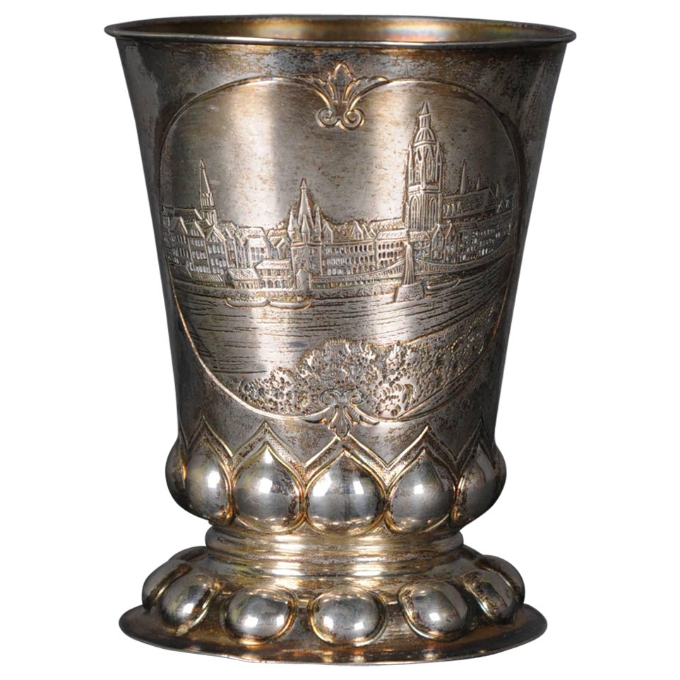 Antike Silber-Fußbecherschale 800er Silber Germany Cup, vergoldet, deutsche Stadtansicht 