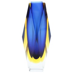 Italian, 1960s Mandruzzato Blue and Amber Faceted Murano Glass Sommerso Vase
